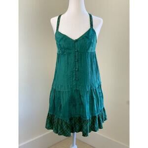 Vintage Free People Silk Embroidered Ruffle Tiered Dress 4 S M Green Sleeveless